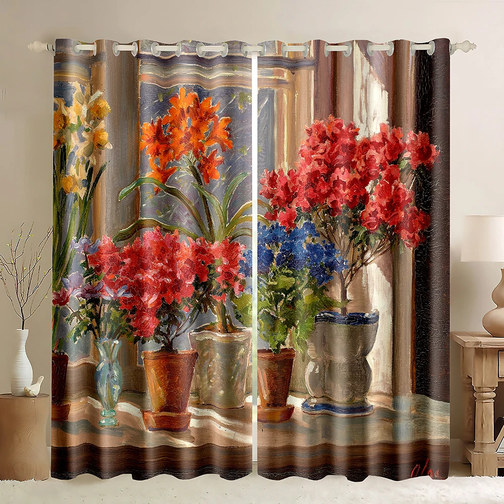 Oil Painting Floral Window Curtains,Pink Rose Colorful Flowers In Glass Vase Curtain Printed,Romantic Floral Window Curtains images - 6
