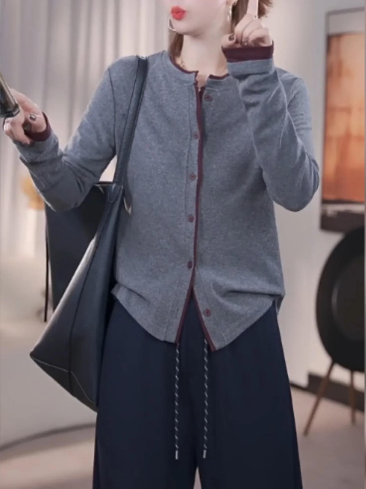 Плюс размер 2024 осень и зима новый свободный серый шерстяной свитер с круглым