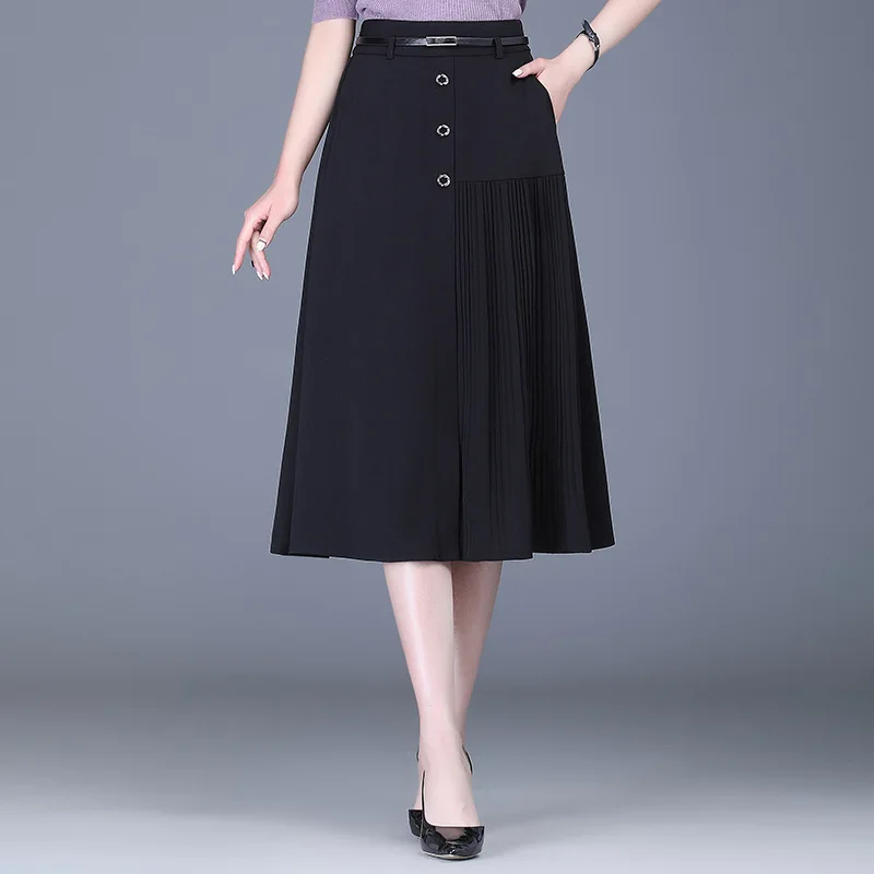 

Slim Casual Fashion Splice Pleated Skirt 2022 Spring New Women Elegant High Waist A-line Long Black Skirts Office Lady 5159