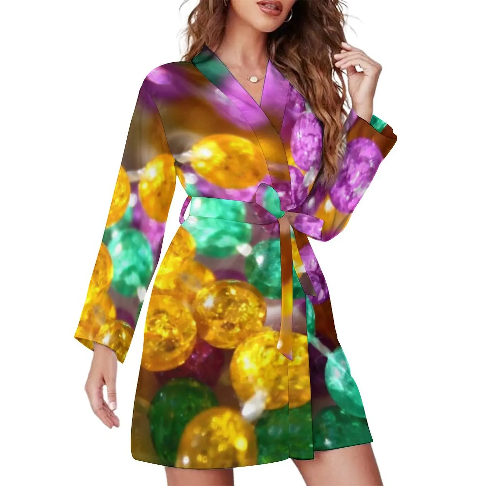 

Neon Beads Print Pajama Robe Purple Yellow Green Long Sleeve Comfortable Pajamas Robes Lady V Neck Sexy Nightgown Autumn Dress