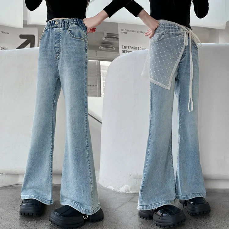 Spodnie dla dziewczynki Duże dzieci Moda Wiosna i jesień Nowe dziewczyny 2024 Casual Rozkloszowane dżinsy dziewczynek Styl dziecięce