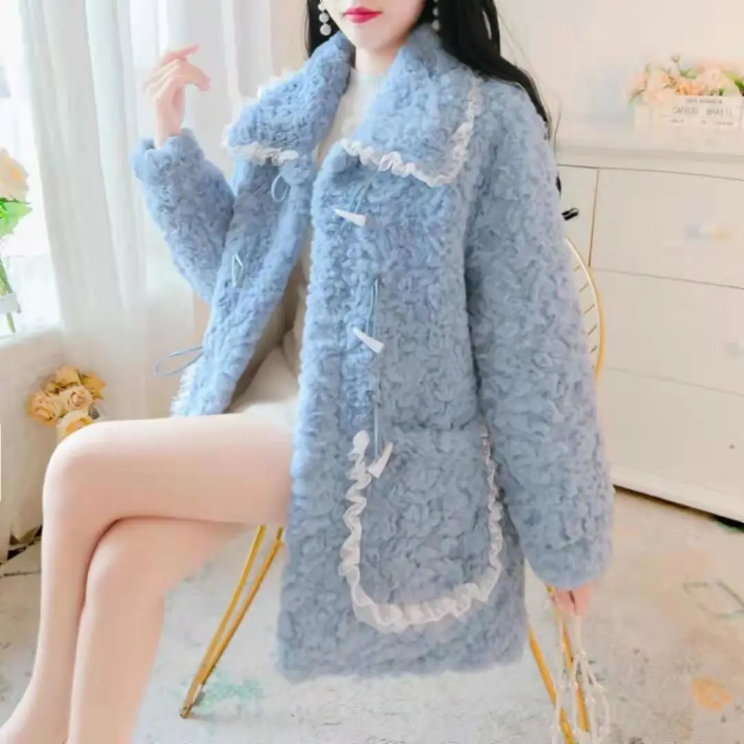 Autumn Winter Woman New Faux Fur Coat Loose Sweet Korean Fashion Tops Cute Kawaii Lace Patchwork Lamb Wool Warm Jacket Clothing