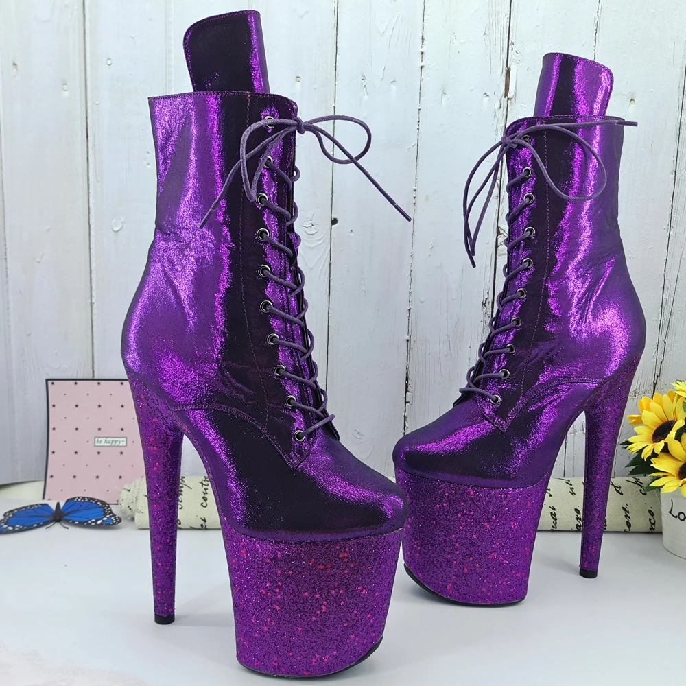 Leecabe 20CM/8inches Pole dancing shoes purple glitter High Heel platform Boots Closed toe Pole Dance boots