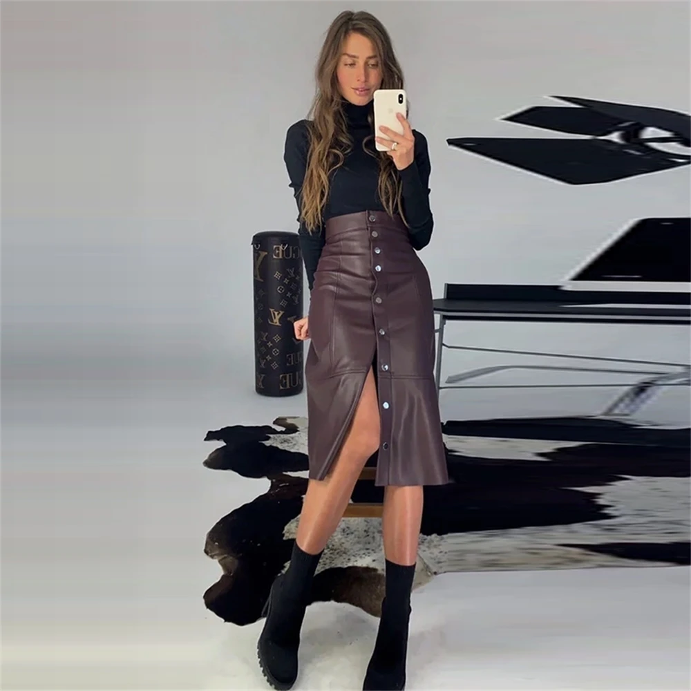 

Elegant High Waist PU Leather Skirt Women Button A Line Split Skirts Solid Casual Mid-Calf Skirts Autumn Winter Clothes New 2021