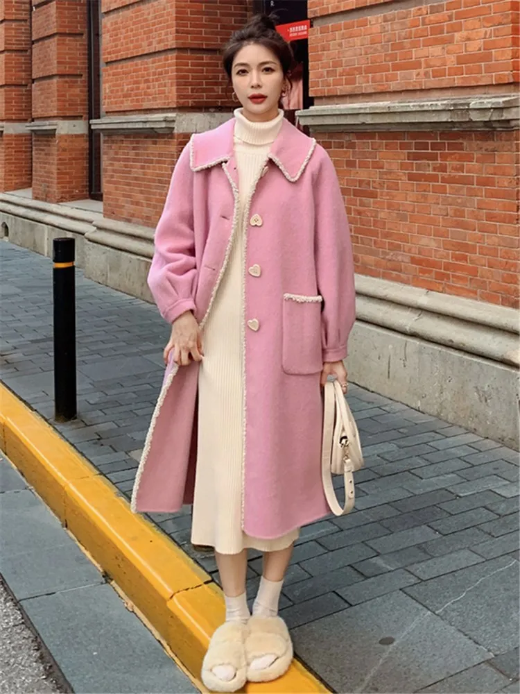 Женское шерстяное пальто элегантное свободное однобортное длинное розового