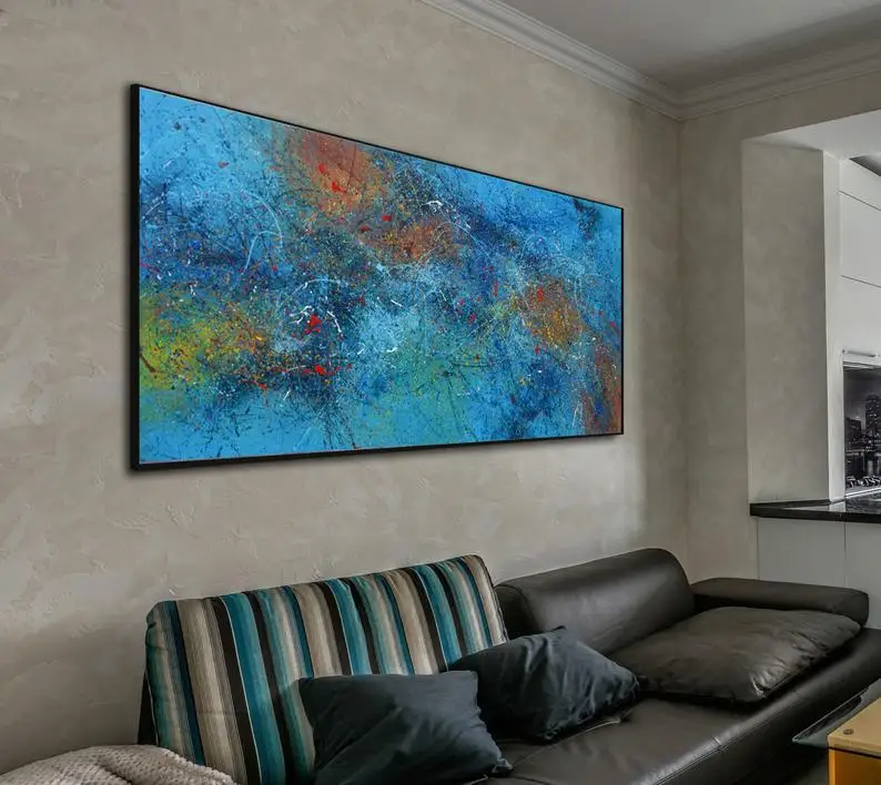 

vertical canvas art Abstract painting Jackson Pollock style, luxury home office decor, blue yellow colorabstract oil painting