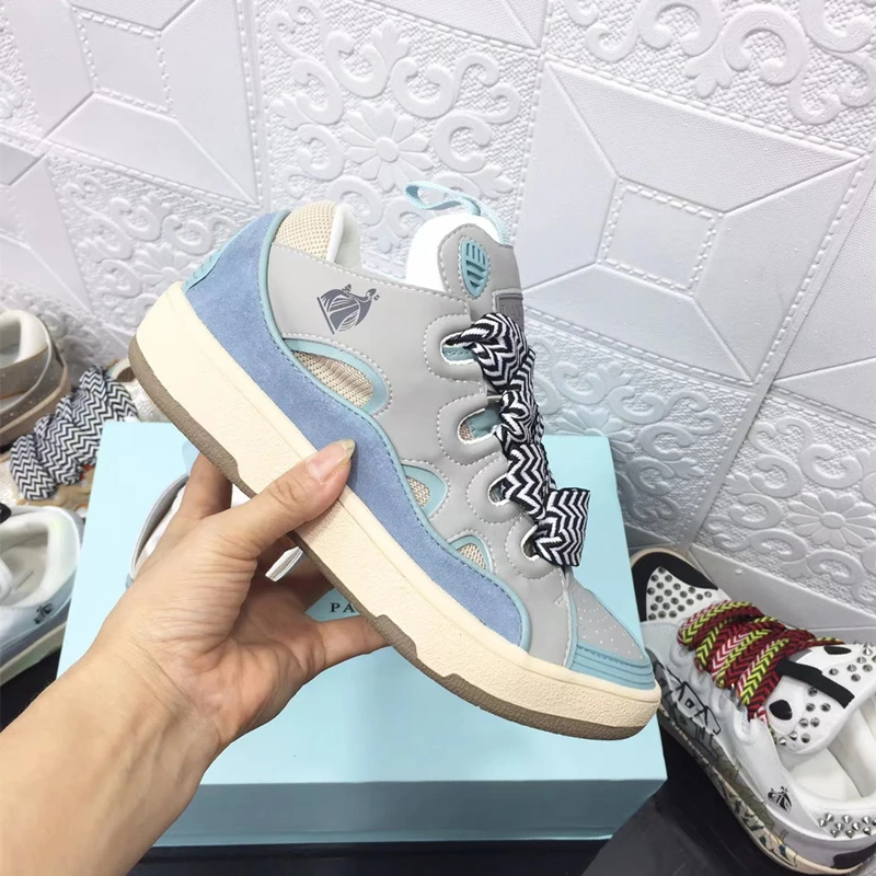 

2022 Women New Blue Mixed color Lace-up Flat Sneakers Shoes Woman High Upper Round Toe Thick sole Vulcanized Shoes Casual Shoe