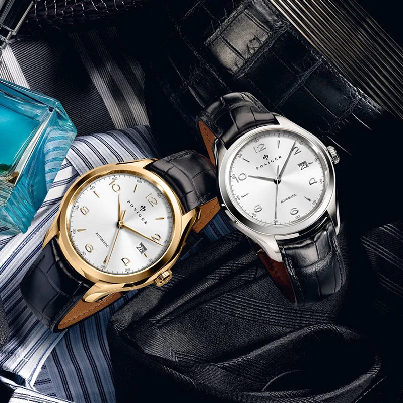 PONIGER Классические мужские механические часы из нержавеющей стали с кожаным