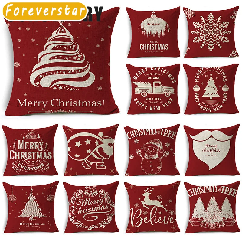 

New 2023 Christmas Red Cartoon Linen Print Pillow Case Christmas Gift Living Room Sofa Bedroom Car Seat Cushion Cover 18x18 Inch
