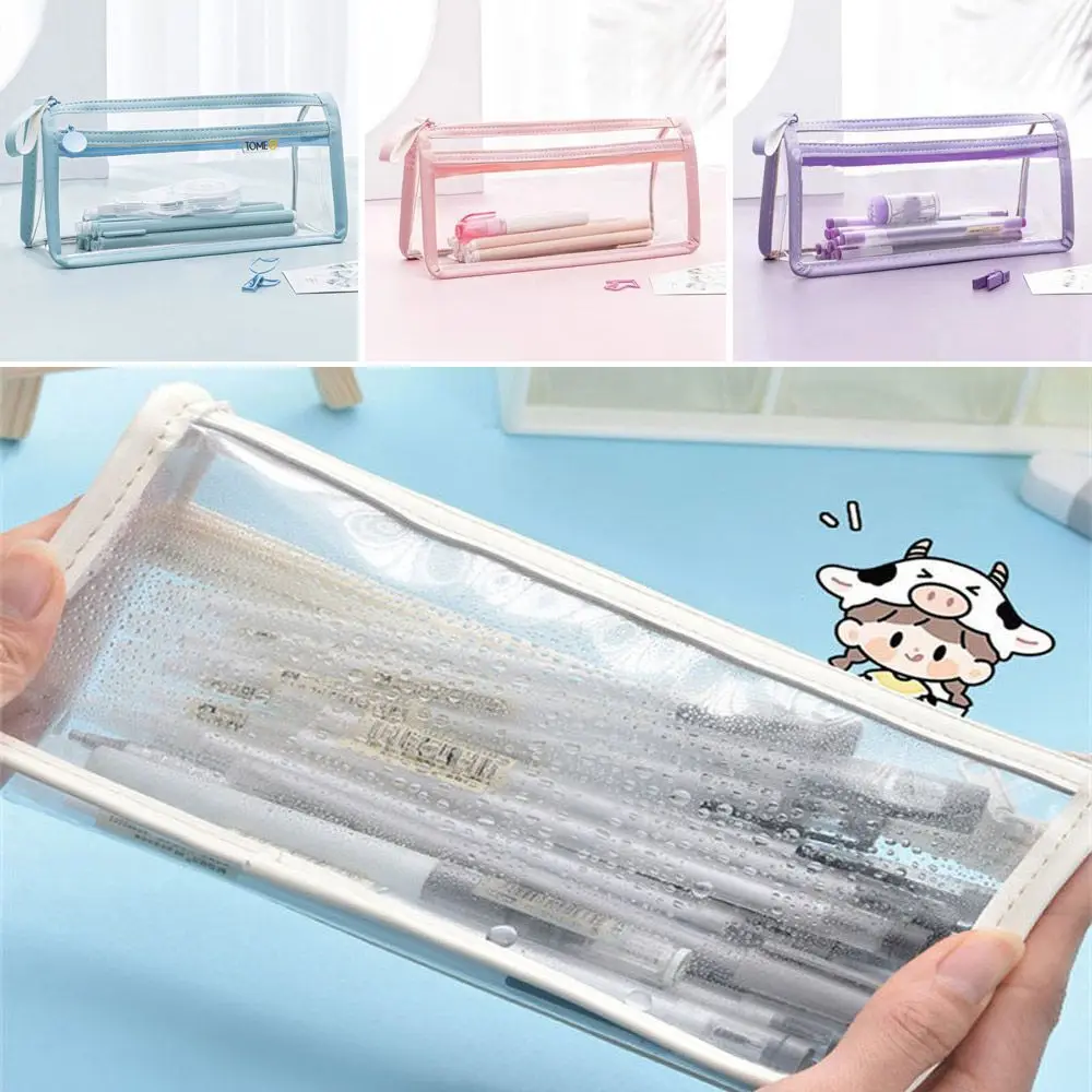 

PVC School Supplies Large Capacity Storage Bag Simple Stationery Bag Double Transparent Pencil Case Portable