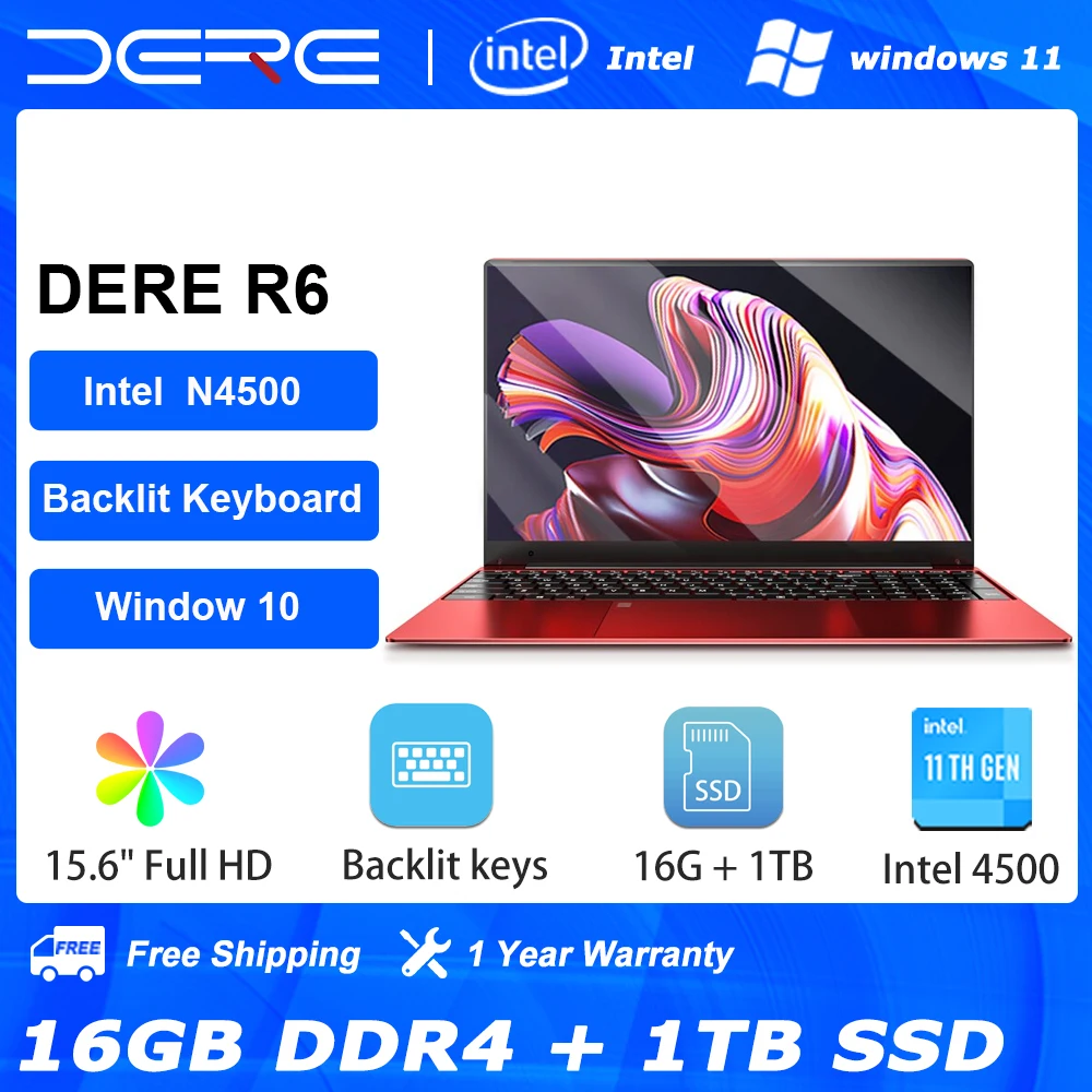 DERE R6 laptop 15.6-inch, 16GB RAM + 1TB SSD, Intel Celeron N4500 Dual WiFi With Backlit Keyboard Computer Windows 10 Notebook