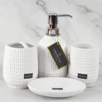 4 PCS Ceramic White Bathroom Accessories Set Soap Dispenser Tumbler Toothbrush Holder Soap Dish