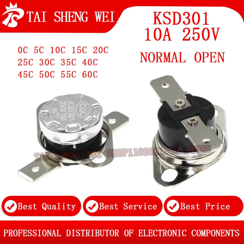 

2PCS Bimetal Thermostat KSD301 10A 250V NO 0C 5C 10C 15C 20C 25C 30C 35C 40C 45C 50C 55C 60C Temperature Switch Thermal Control