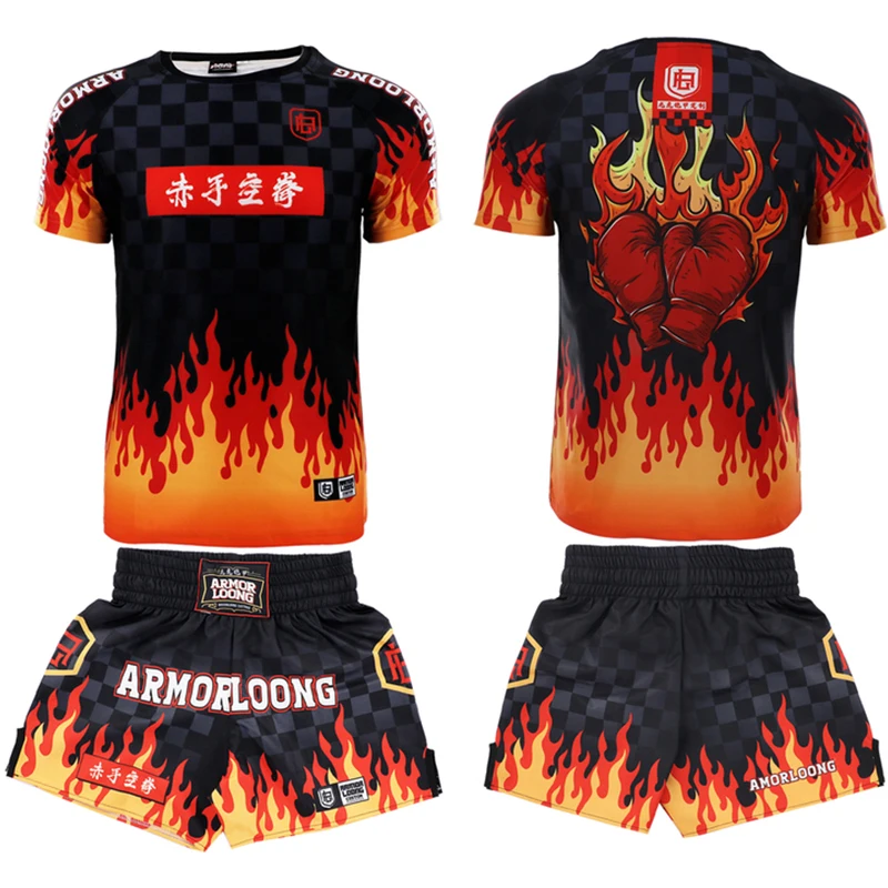 

Muay Thai Shirt Boxing Shorts Set Flames BJJ MMA Rashguard Fight Kickboxing Shorts Fitness Gym Workout Martial Arts Clothing