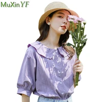 summer simple joker women white clothing 2022 korean graceful cute peter pan collar shirt girls sweet romantic purple blouse