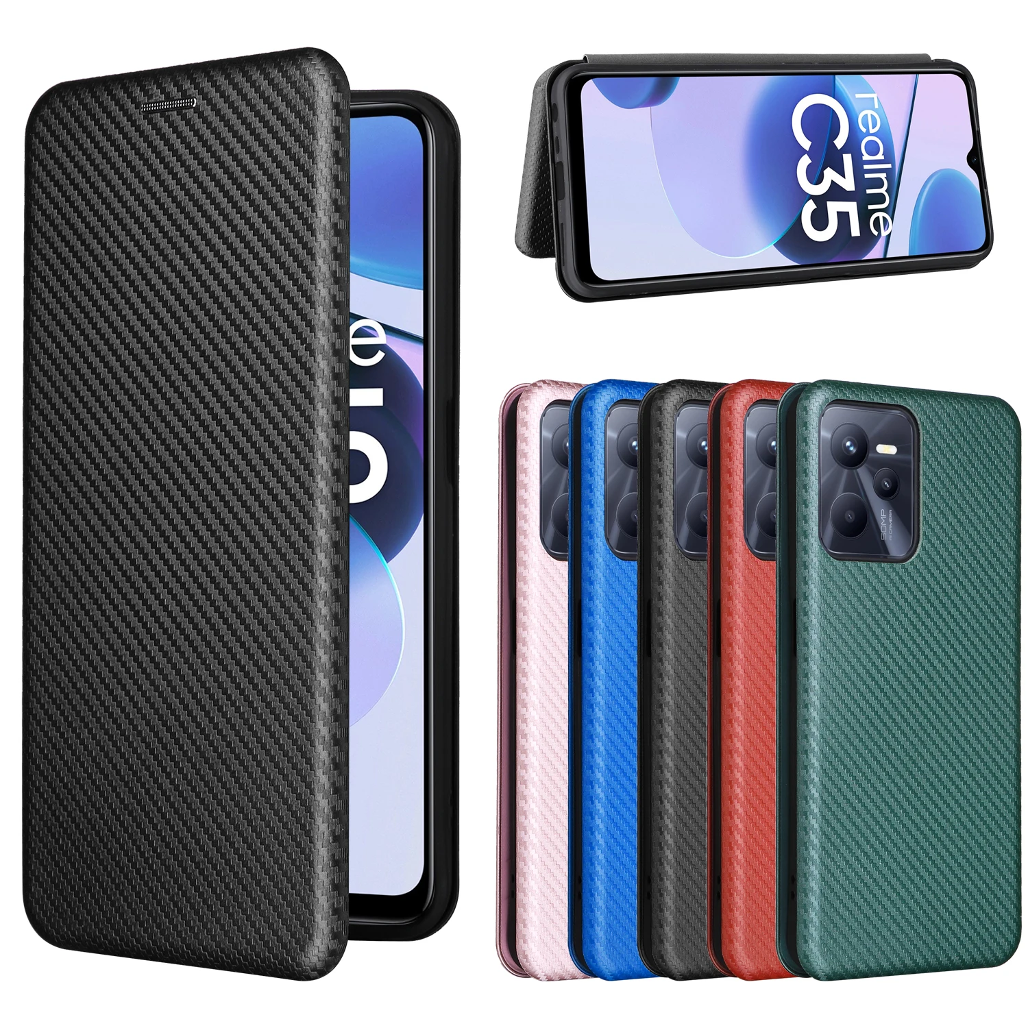 

For Realme Narzo 50A Prime Case Carbon Fiber Flip Leather Case For Narzo 50A Prime Business Magnetic Wallet Card Slot Slim Cover