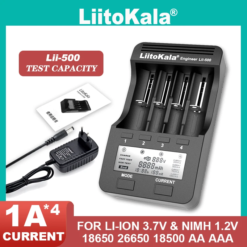 

Liitokala Lii500 LCD Battery Charger, Charging 18650 3.7V 18350 18500 16340 25500 10440 14500 26650 1.2V AA AAA NiMH Battery