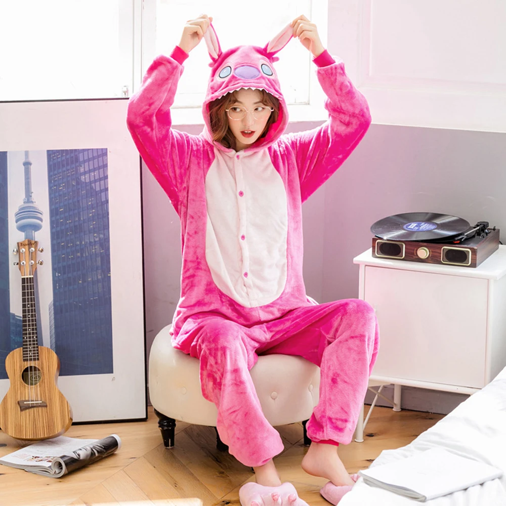 Winter Stitch Pajamas Adults Animal Sleepwear Christmas Halloween Onesies Women Men Unisex Flannel Nightie Female Home Clothes