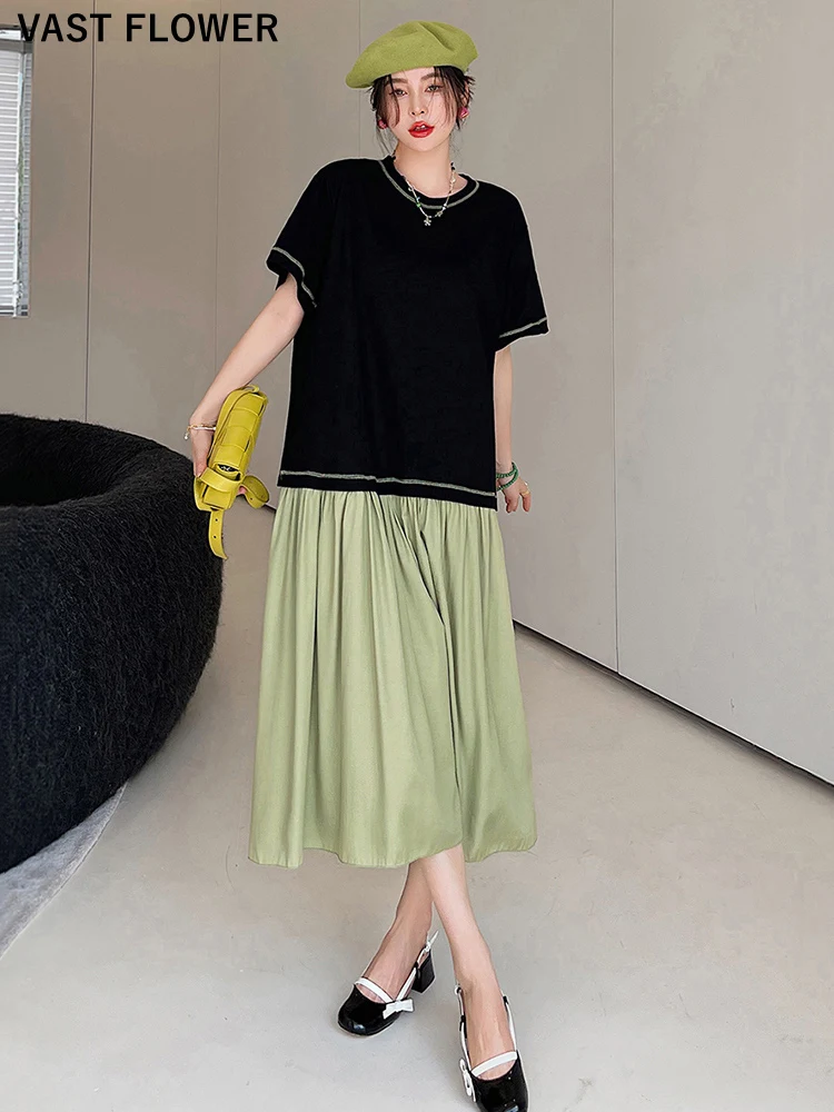 

Женское длинное платье в стиле пэчворк, повседневное свободное платье контрастных цветов с коротким рукавом, элегантная одежда в Корейском...