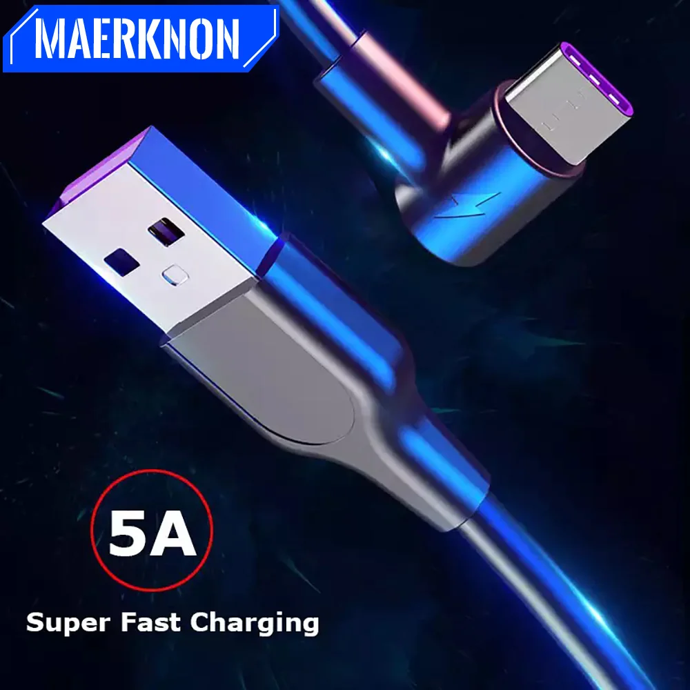 

5A USB Type C Cable 90 Degree Elbow Fast Charging Data Cord Phone Charger Wire For Huawei Mate 40 30 Xiaomi Samsung USB C Cables