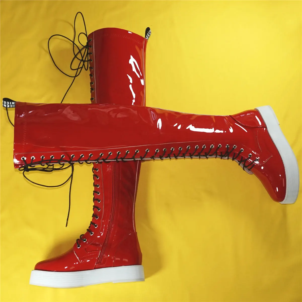 Thigh High Fashion Sneakers Women Lace Up Patent Leather Over The Knee Boots Female Round Toe Chunky Platform Pumps Casual Shoes