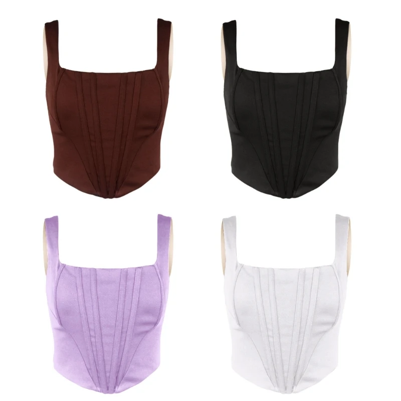 

Женский однотонный бюстье без рукавов, короткий топ с квадратным вырезом, на молнии, с открытой спиной, облегающие Корсеты с открытой спиной...