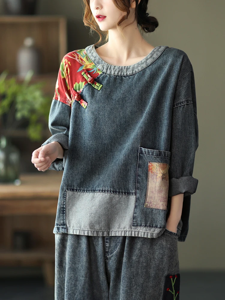 Max LuLu 2022 Fashion Style Clothes Women Vintage Patchwork Blouses Ladies Loose Denim Shirt Female Printed Casual Tops Big Size