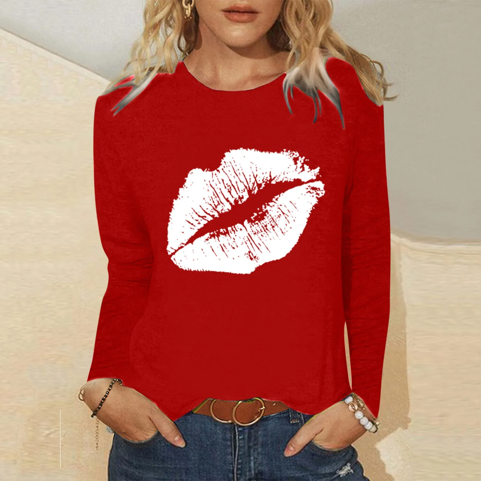 Футболка женская с длинным рукавом Приталенный топ принтом скелета губ и круглым