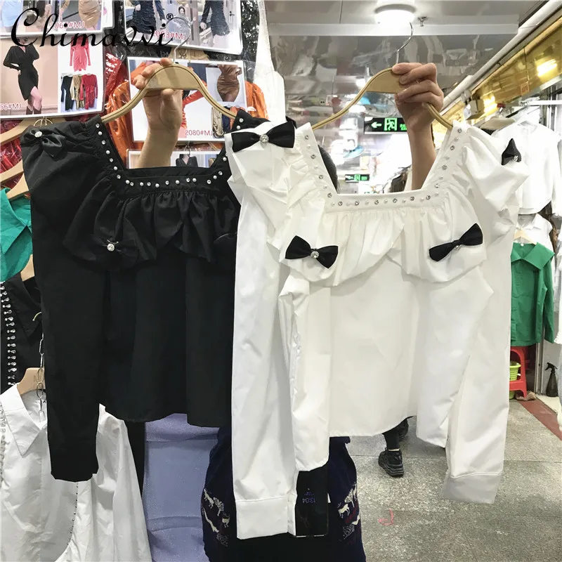 

Fashion Bowknot Drill Buckle White Short Shirt 2022 Spring Clothes New Temperament Square Collar Simple All-Matching Blouse