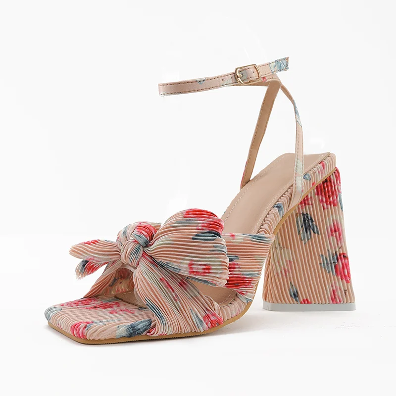 2022 г. летние женские Босоножки на каблуке Модные плиссированные сандалии с