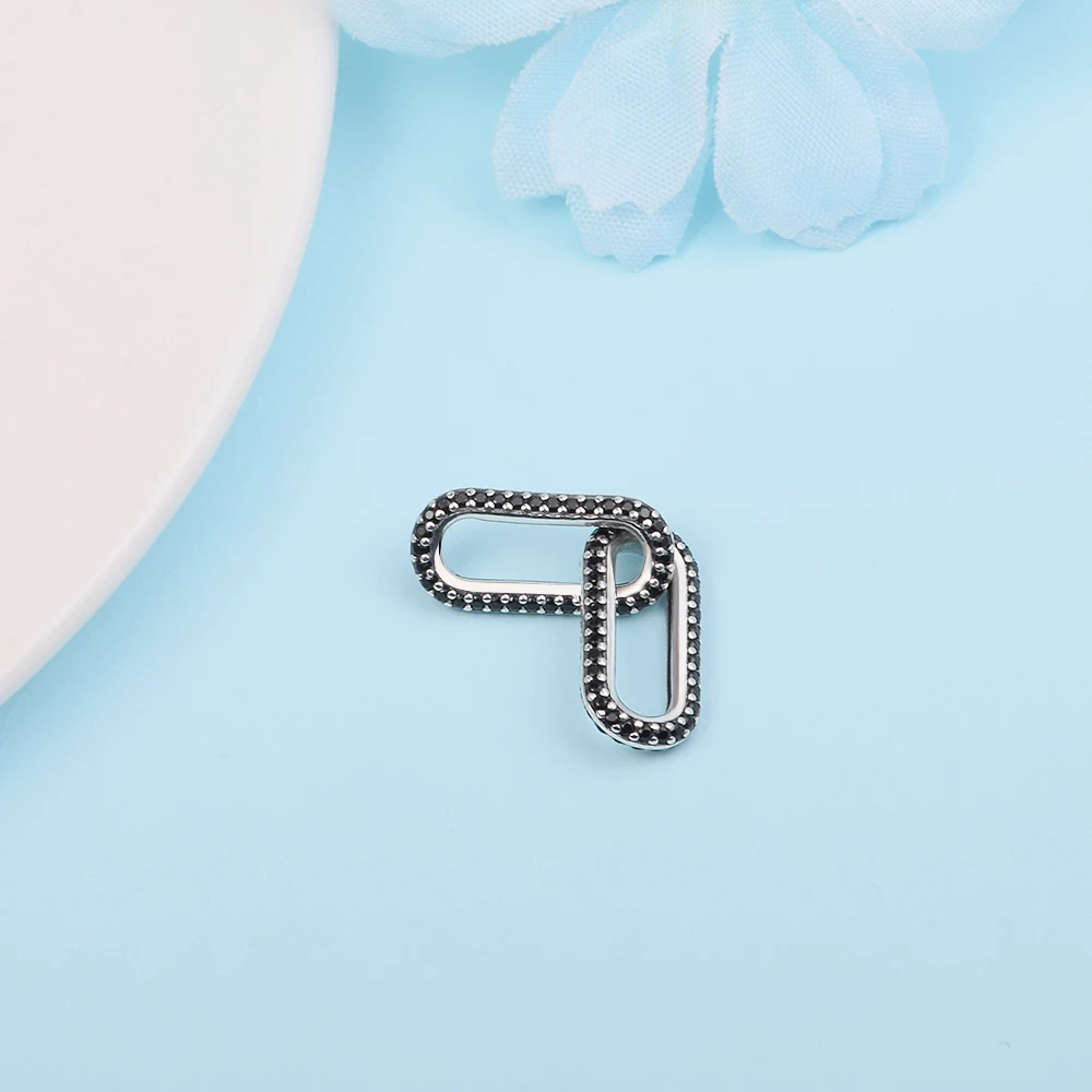 

925 Sterling Silver ME Black Pave Double Link Charm Only Fits European Me Type Jewelry Bracelets Necklaces