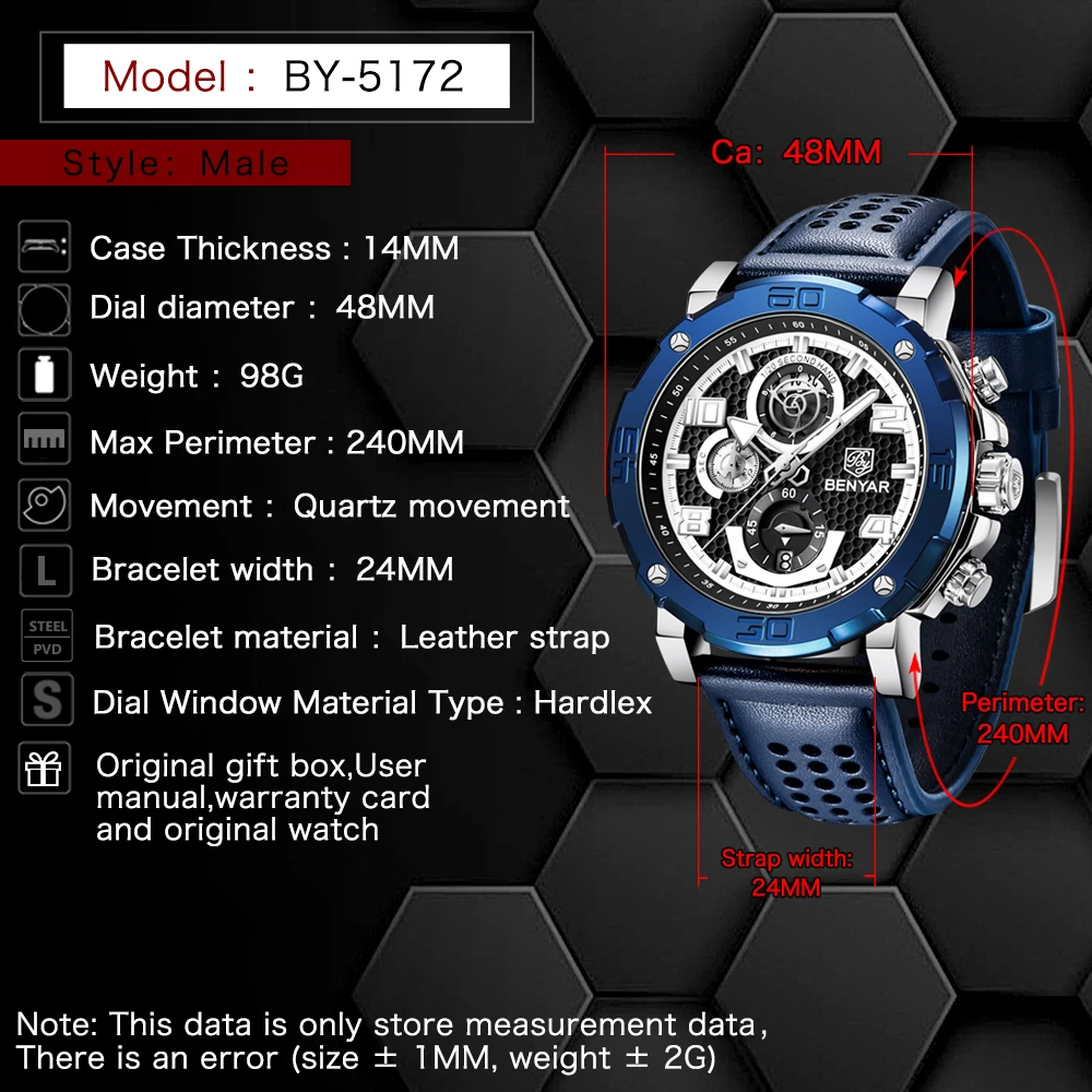 Часы наручные BNEYAR Мужские кварцевые с кожаным ремешком водонепроницаемые