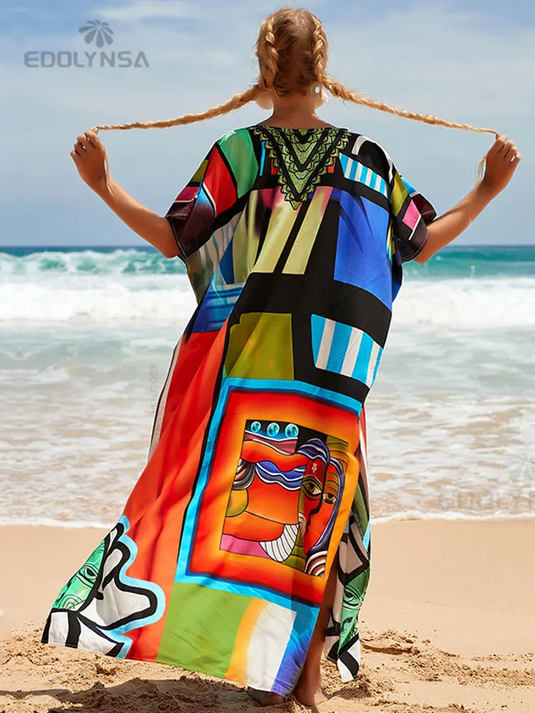 2022 разноцветный кафтан с богемным принтом V-образным вырезом рукавом летучая