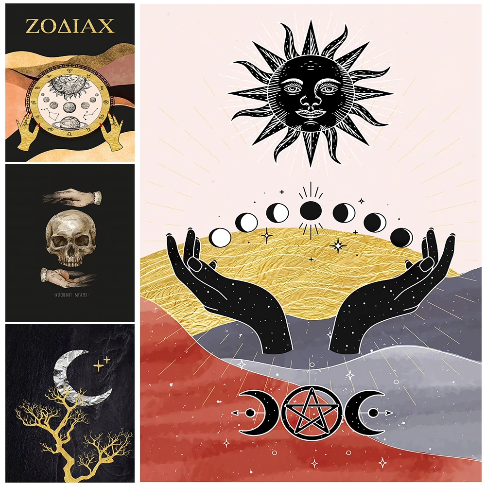 

Zodiac Witchy Wall Decor wall Art Hand And Skull Witch Wiccan Hand Floral Art Prints Mid Century Modern Poster Print Home Decor