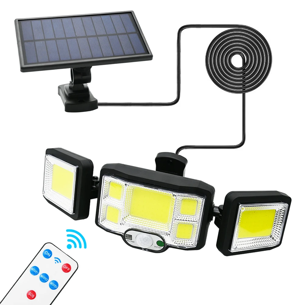 

3 Heads Solar LED Light Outdoor 192 COB Motion Sensor Wall Lamp Wide Angle Illumination Waterproof 3 Modes Garden Garage Lights