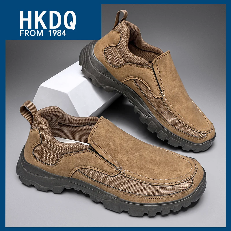 

HKDQ Fashion Breathable Slip-on Leather Shoes Men Summer Comfortable Mens Loafers Anti-skid Wear Resistance Men's Casual Shoes