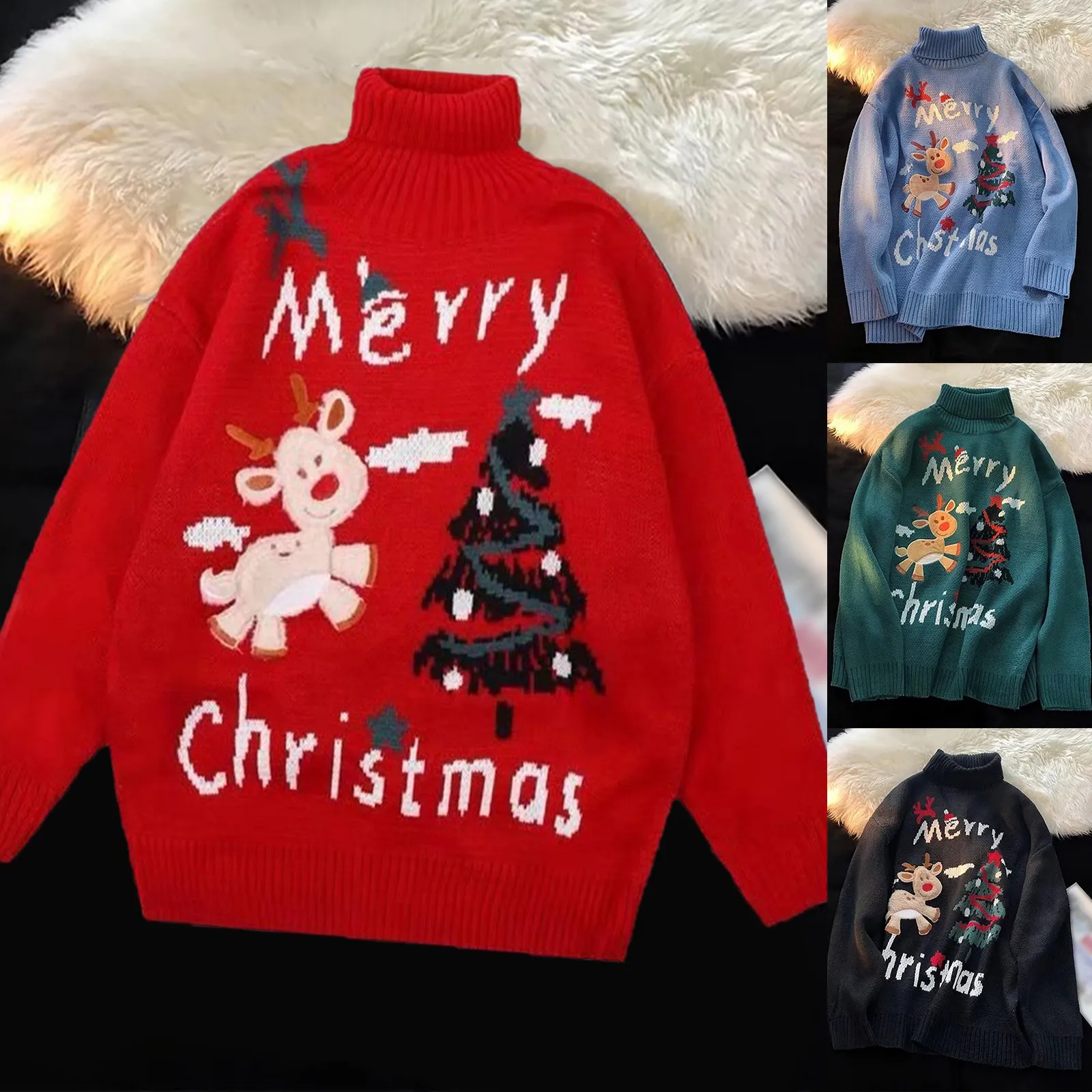 

Зимний модный Рождественский вязаный свитер свободного покроя с высоким воротником и спущенными плечами для женщин 2022, 2017