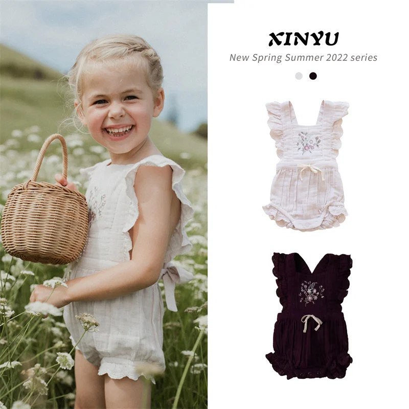 

Baby Girls Rompers Toddlers Embroidery Jumpsuits Infants Ruffle Sleeveless Bodysuits Kid Overalls Outfits Children Playsuits