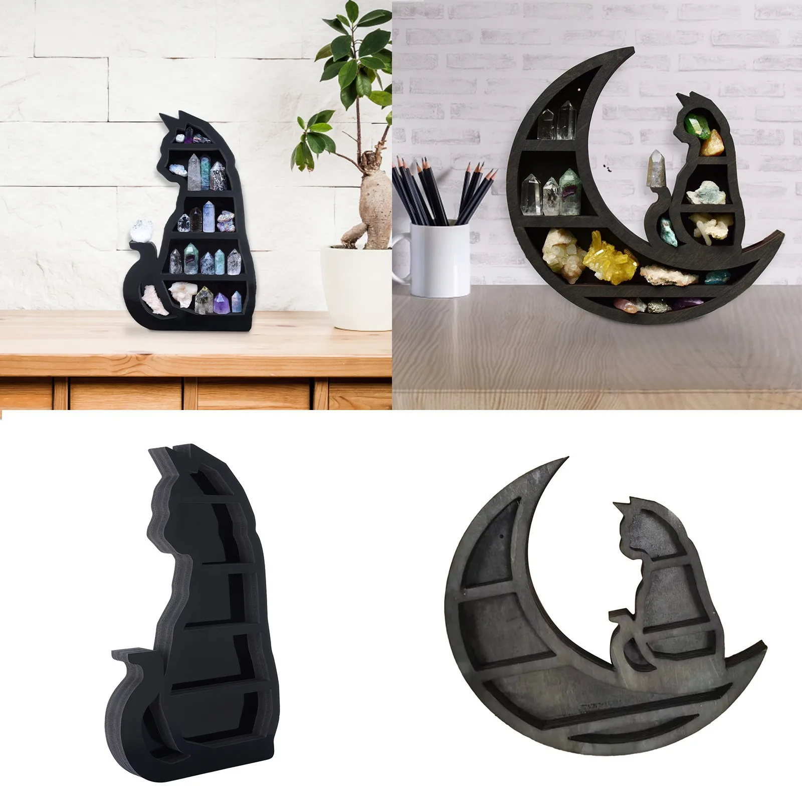 

Moon And Cat Crystal Wooden Shelf Rack Cat Crystal Essential Oil Display Wall Shelf For Storage Wall-mounted Display Stand Rack