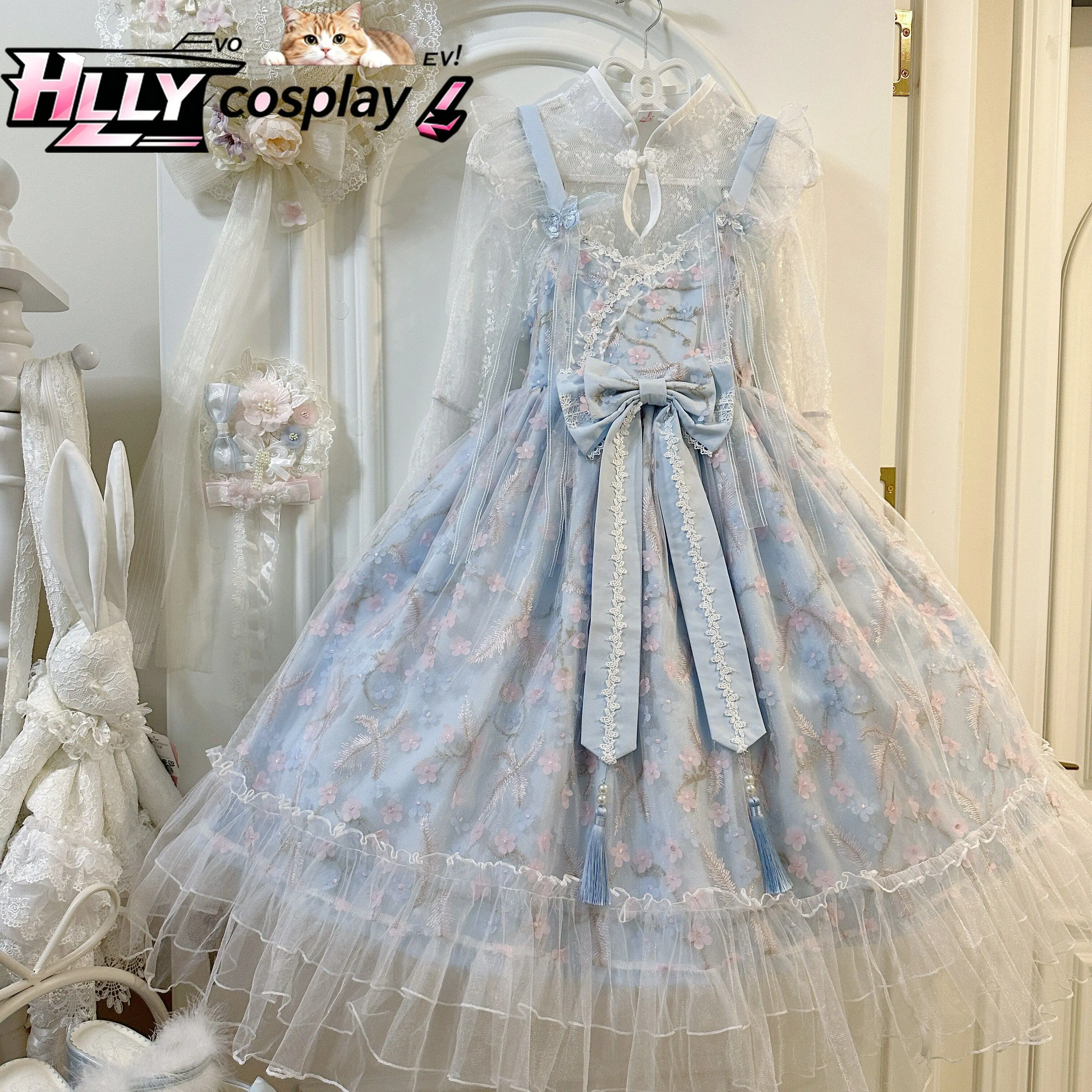 Фото Новое оригинальное платье JSK в китайском стиле Sweet Lolita для женщин и девушек, розовое, синее, многослойное, с кружевом, оборками, бантом на талии, на бретельках, весна-осень №4