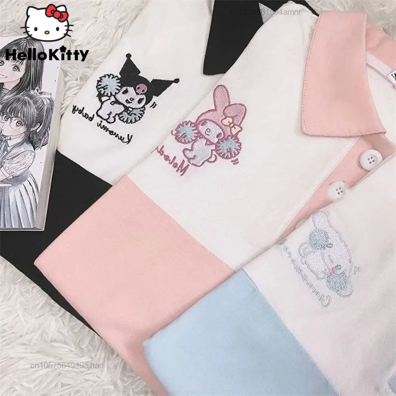 

Kulomi short sleeve T-shirt Japanese soft girl embroidery jade osmanthus Merlot gymnastics clothes female polo shirt couple