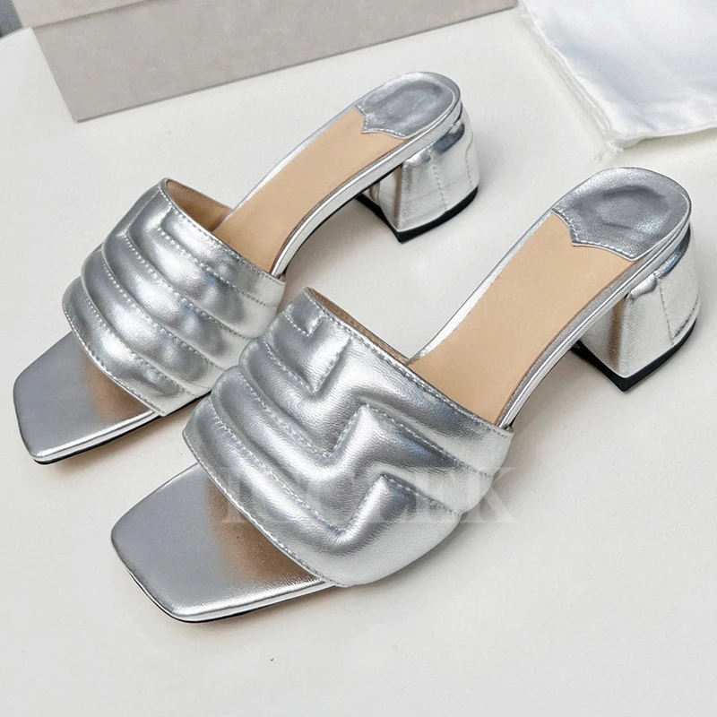 

2023 New Women Slippers Summer Unique Sewing Upper Design Open Toe High Heels Genuine Leather Material Square Head Female Pumps