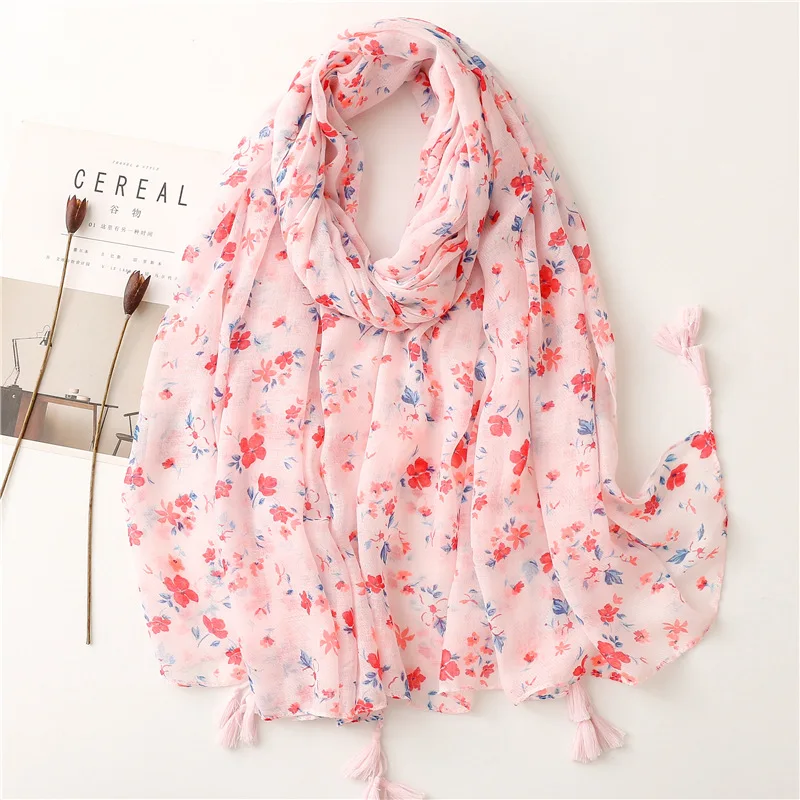 

Soft cotton and linen feel scarf pink flower tassel travel sunscreen shawl scarves ladies