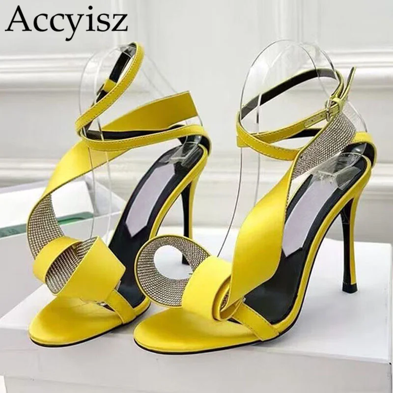 

Slim High heels luxurious rhinestone sandals women's Genuine leather open toe ankle strap sandals summer sexy party dress shoes