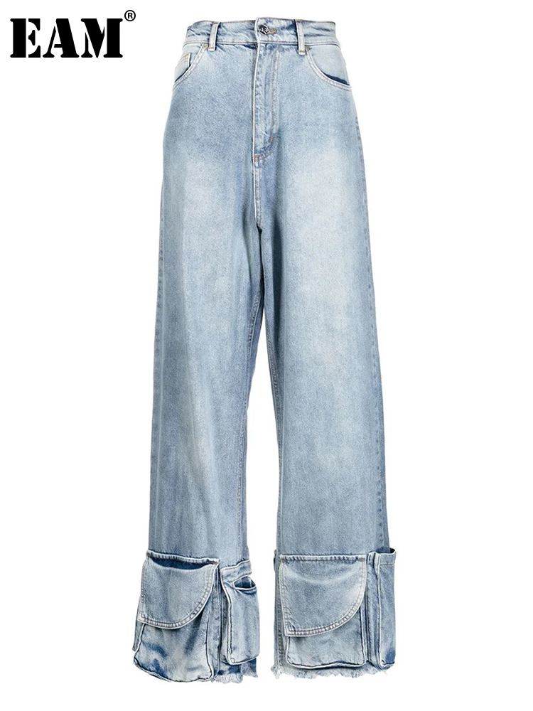 

[EAM] High Waist Denim Pockets Shaped Long Wide Leg Jeans New Loose Women Trousers Fashion Tide Spring Autumn 2023 17A8116