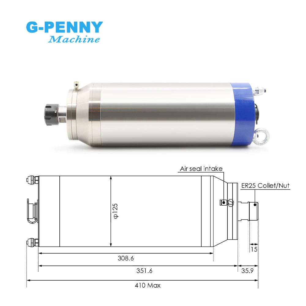 Фото Шпиндельный двигатель G-Penny 5.5KW ER25 для обработки камня, с водяным охлаждением, газовым соплом, пулевидным типом, 4 керамических шарикоподшипника №3