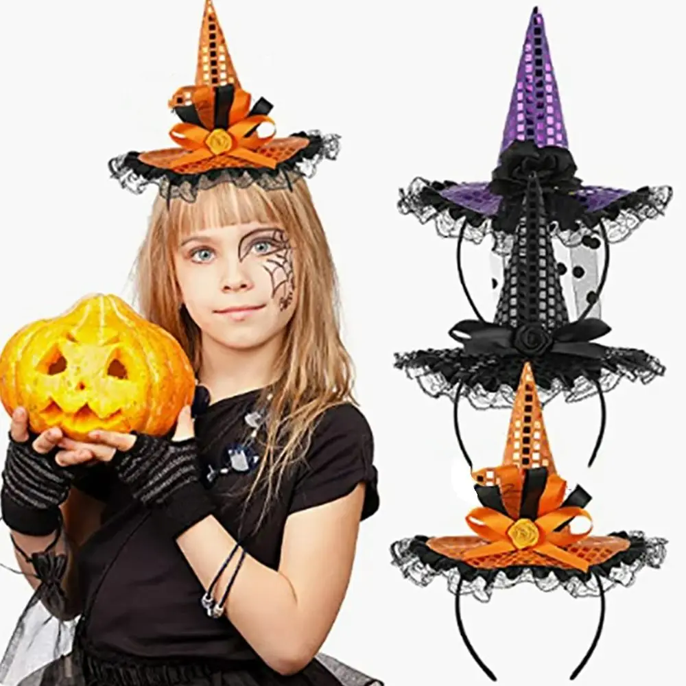 

Lace Halloween Witch Hat Hair Hoop Cute Cartoon Headband Halloween Party Hair Band Sequin Party Decor Hat Kids