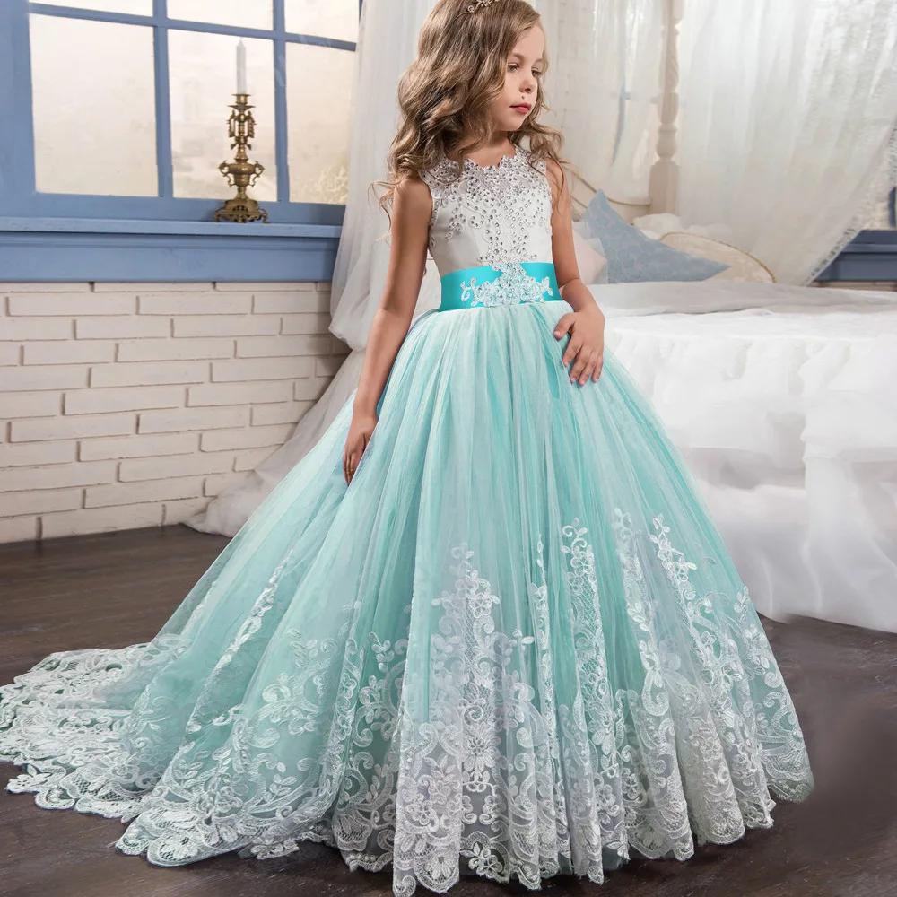 

White Flower Girls Dresses For Wedding Tulle Lace Long Girl Dress Party Christmas Dress Children Princess Costume For Kids