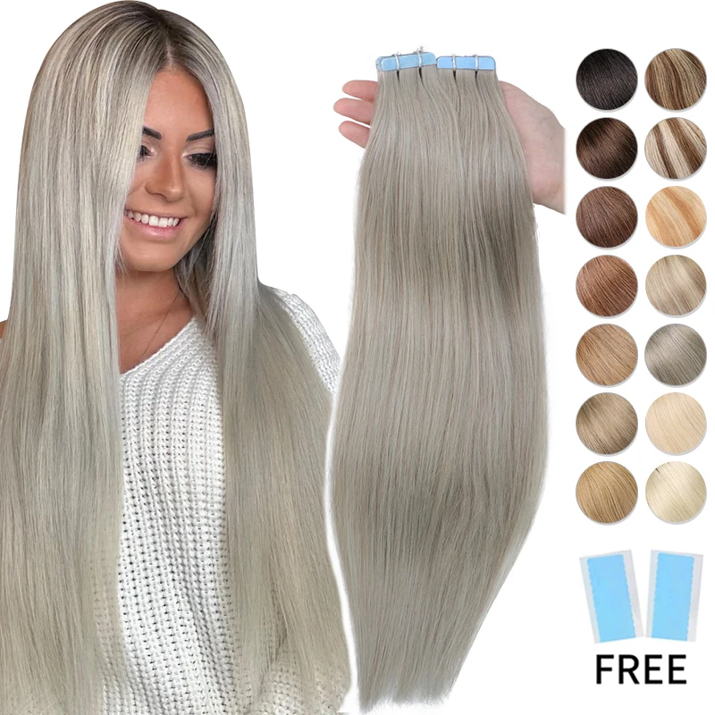 

MRS HAIR Silver Tape in Hair Extensions Human Hair 4x0.8cm Skin Weft Blonde Ash GreyTape ins 12-24inch #27 #24 #60 #P6-613 #99J