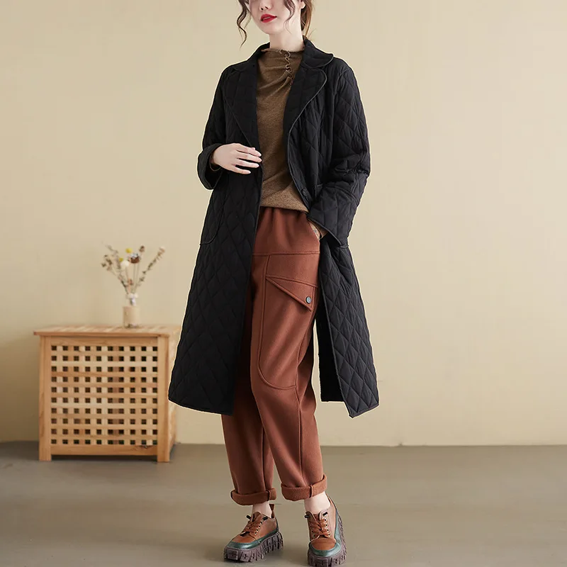 2022 Fashion Women's Winter New Retro Rhombus Cotton Long-Sleeved Stand-Up Collar Solid Color All-Match Literary Retro Long Coat